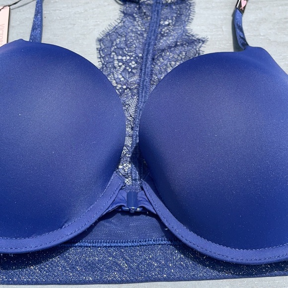NWT VICTORIAS SECRET Navy Lace Racerback Push up bra - Picture 3 of 6